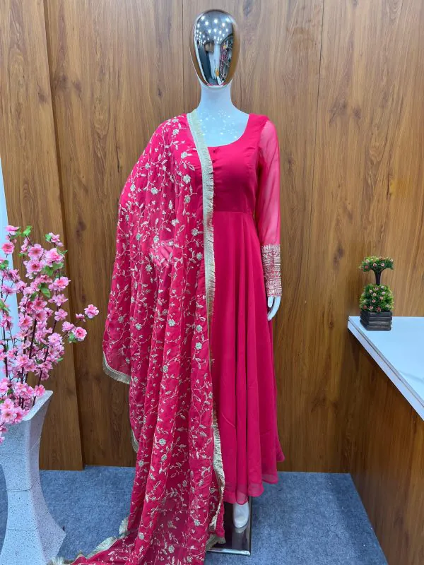 Fashionable Rani Pink Color Pure Soft Georgette Anarkali Suit