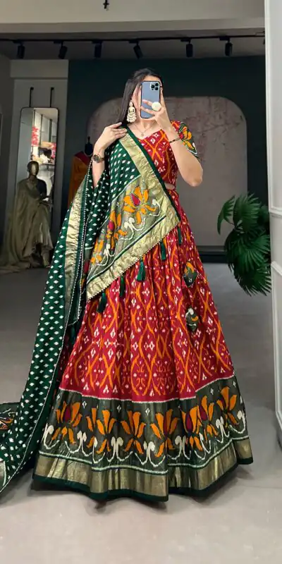 LNB 1615 Red Color Tussar Silk Drawstring & Printed With Foil Print & Heavy Tassels Lehenga Choli ? Expected Delivery 4-6 Working Days 2449/- | Lehenga, Bollywood Lehenga, Creative Lehenga, Designer Lehenga, Embroidered Lehenga, Party Wear Lehenga