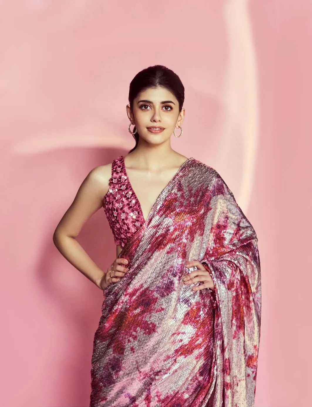 Glamorous Sanjana Sanghi In Pink Color Trending Sequence Saree - Image 3