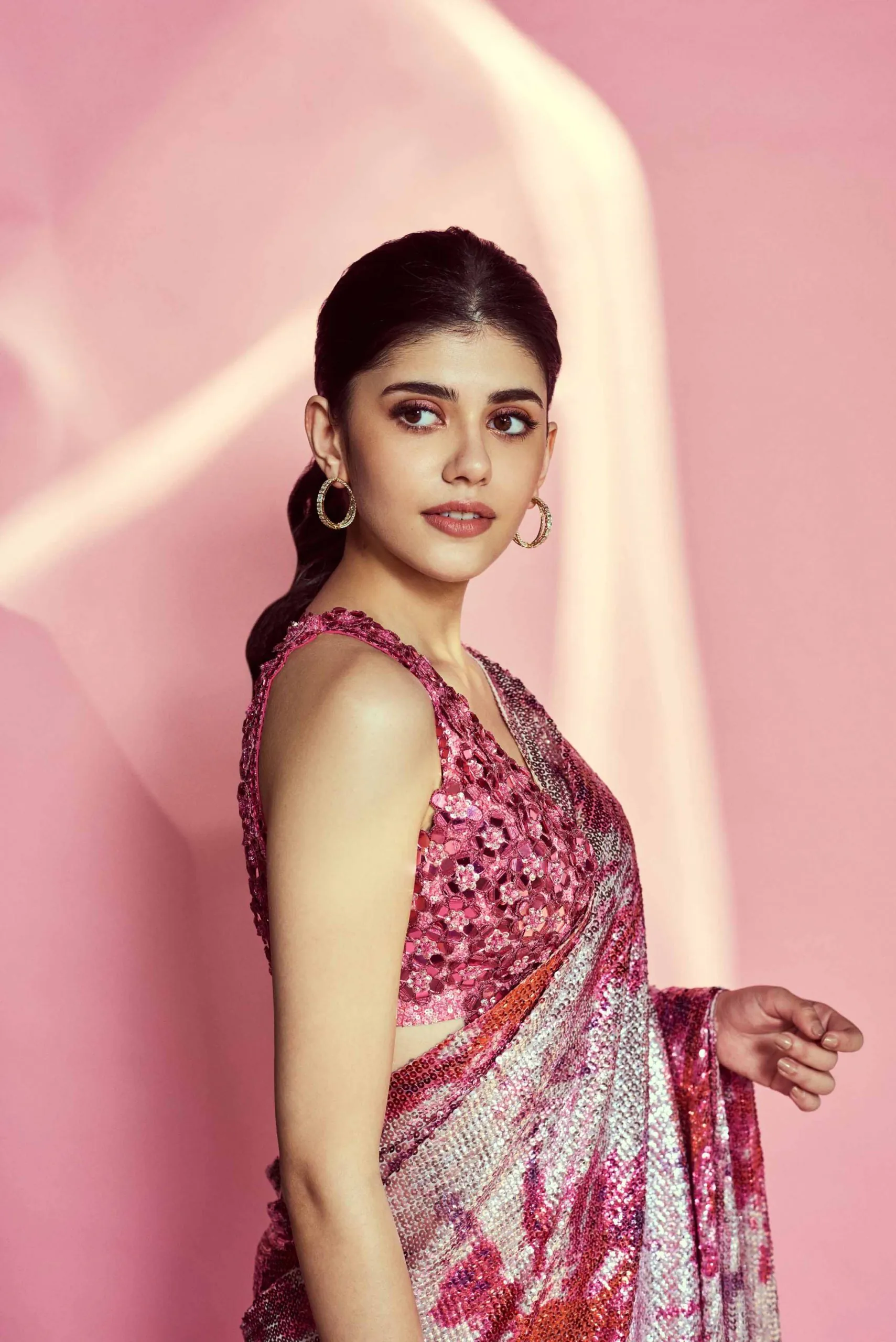 Glamorous Sanjana Sanghi In Pink Color Trending Sequence Saree - Image 4
