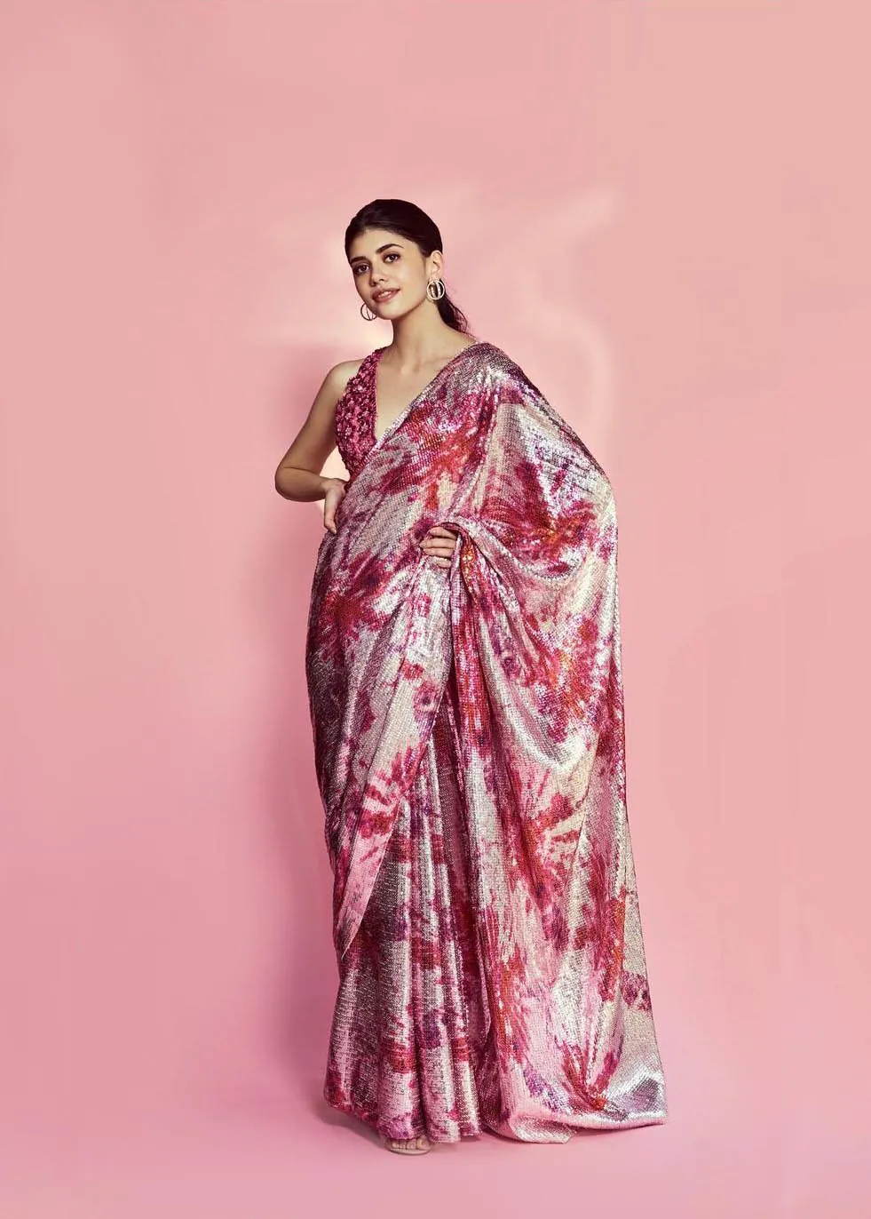 Glamorous Sanjana Sanghi In Pink Color Trending Sequence Saree - Image 2