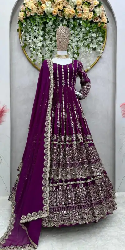 ZSR 6458 Wine color Faux Georgette With Embroidery thread with Sequence Top With Lehenga Traditional Wear, Wedding, Festive, Events. @2899/- | Lehenga, Bollywood Lehenga, Creative Lehenga, Designer Lehenga, Embroidered Lehenga, Party Wear Lehenga