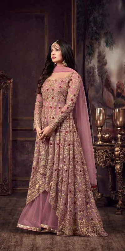 Maisha Women's Wear Pink Color Heavy Net Embroidered Stone Work Sharara Suit