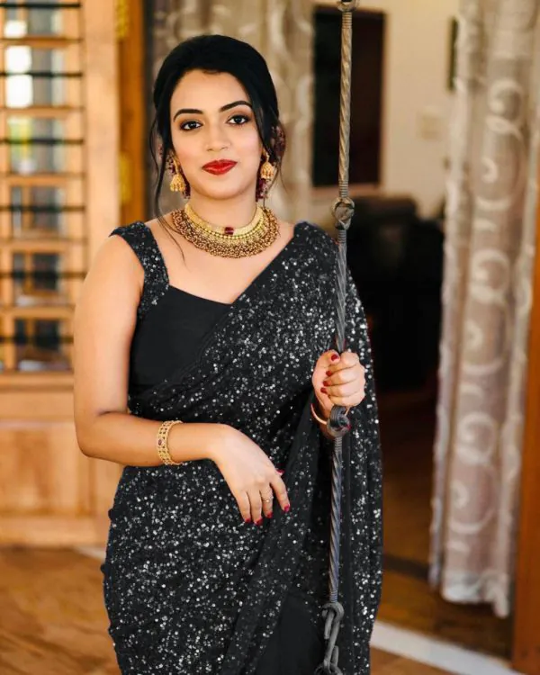Party Wear Black Color Georgette Sequence Work Saree For Women's