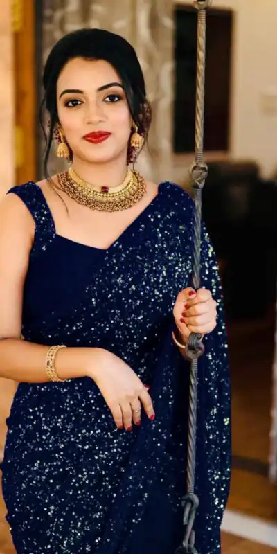 KT 152 Blue Saree Fabrics : Georgette Saree Work : Heavy Sequence Blouse Fabrics : Georgette With Silk Inner Work : Sequence Work Sleeves  | Sarees, Bollywood Sarees, Creative Sarees, Designer Sarees, Embroidered Sarees, Party Wear Sarees