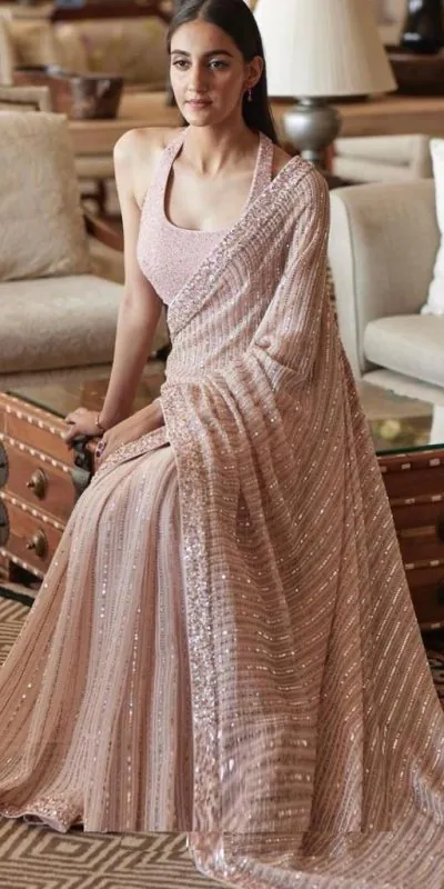 Pretty Light Pink Color Heavy Sequence Work Party Wear Saree