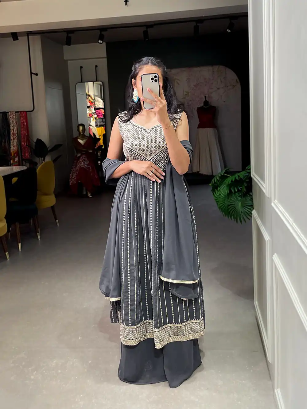 YNF 3503 GREY Color Top : Georgette Work : Embroidery Sequence Work Inner : Micro Cotton .Traditional Wear, Events. @1849/- | Gowns, Bollywood Gowns, Creative Gowns, Designer Gowns, Embroidered Gowns, Party Wear Gowns