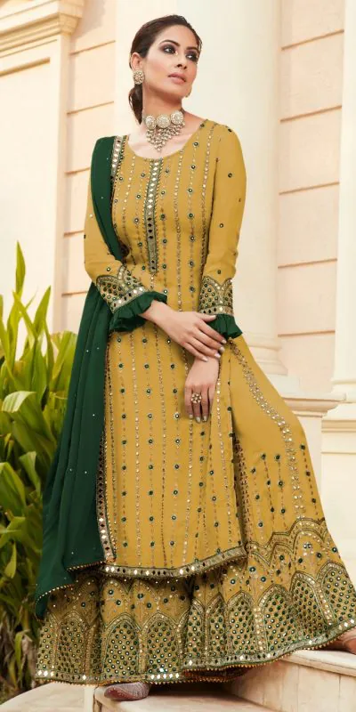 Yellow Georgette Embroidered Sharara Suit With Real Mirror Work