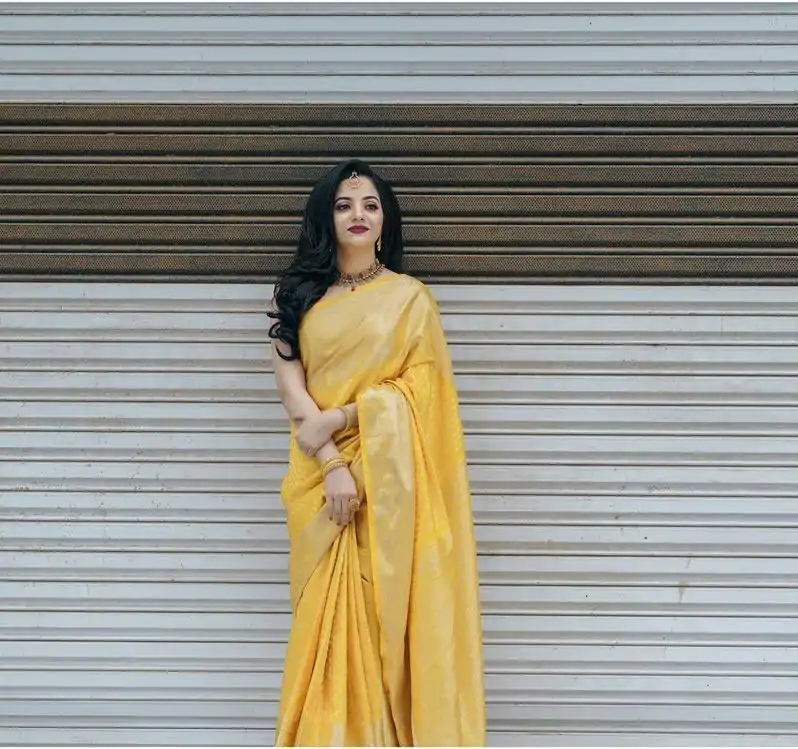 KP 3095 Yellow Color Lichi Silk Jacquard Work Beautiful Saree Casual, Party Wear, Wedding, Events Etc. Expected Delivery 4-6 Working Days @1399/- | Sarees, Bollywood Sarees, Creative Sarees, Designer Sarees, Embroidered Sarees, Ethnic Saree, Modern Digital sarees, Party Wear Sarees
