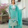 Artful Cyan Color Chinon Silk Diamond Hand Work Sharara Suit