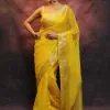 Artful Yellow Nylon Organza Jacquard Multi Embroidered Saree
