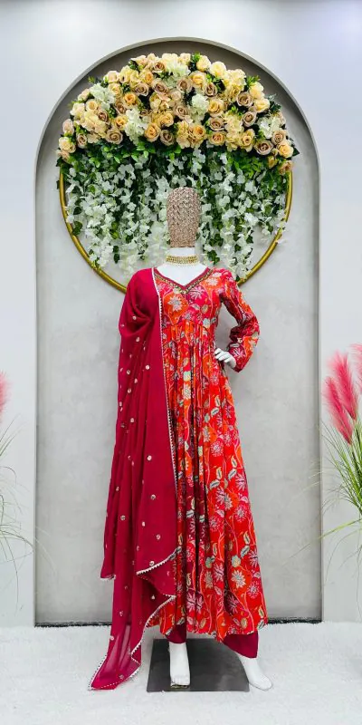 Captivating Red Chinon Silk Thread With Sequence Anarkali Suit