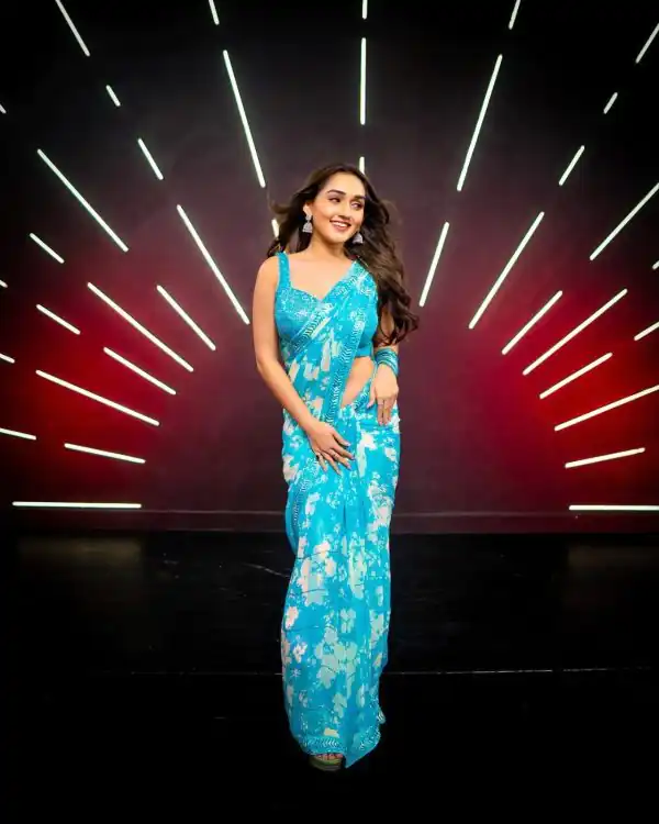 Classic Blue Floral Digital Printed Georgette Lace Border Saree
