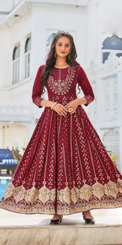 Consummate Red Color Heavy 14 Kg Rayon Printed Work Kurti