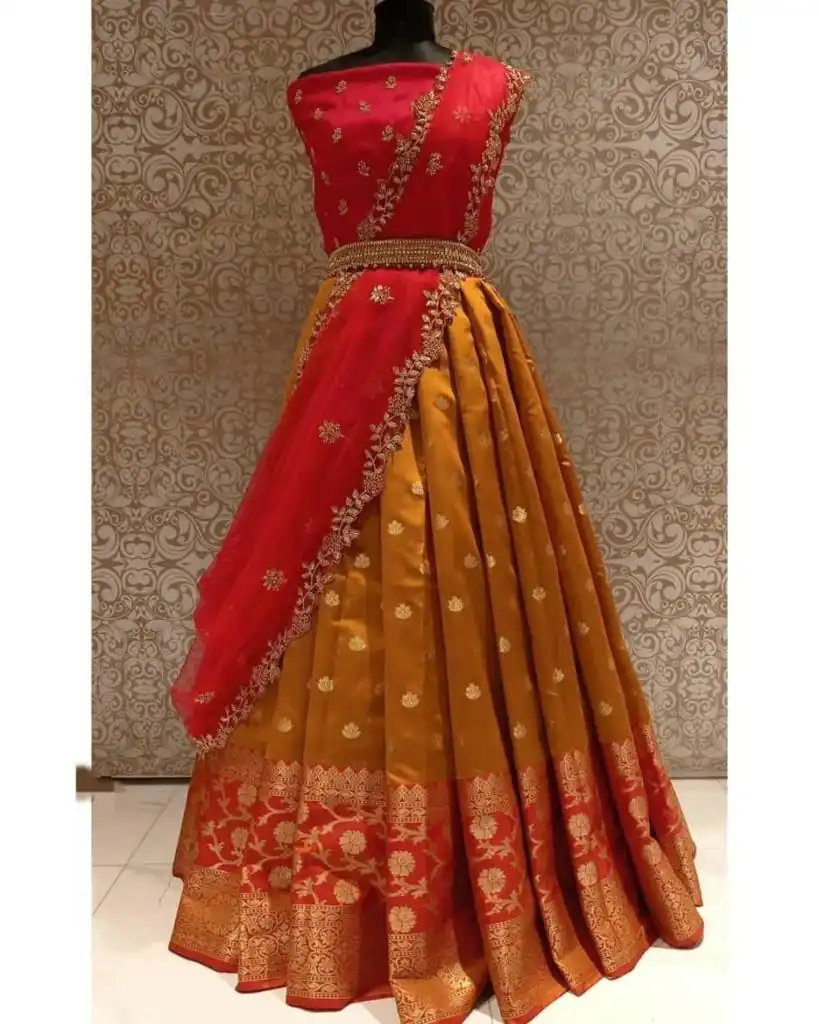 Cute Orange Kanjivaram Silk Jacquard Zari Work Lehenga Choli