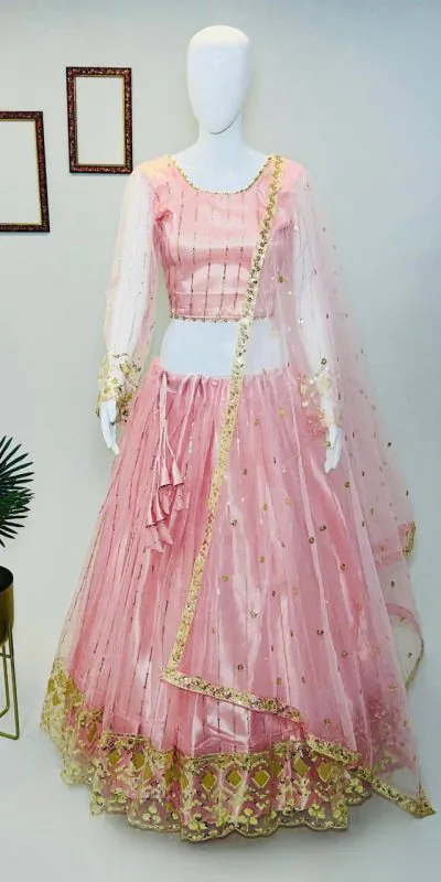 Cute Peach Color Soft Net Embroidery Sequins Lehenga Choli