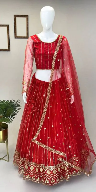 Cute Red Color Heavy Soft Net Embroidery Sequins Lehenga Choli