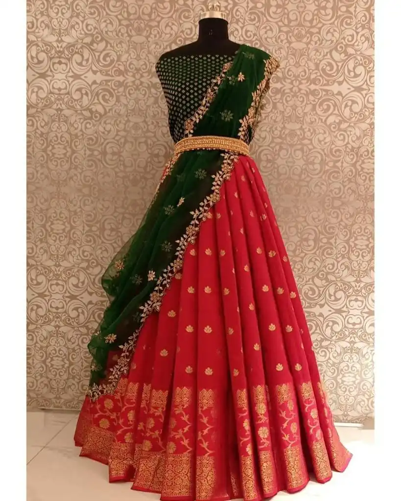 Cute Red Kanjivaram Silk Jacquard Zari Work Lehenga Choli