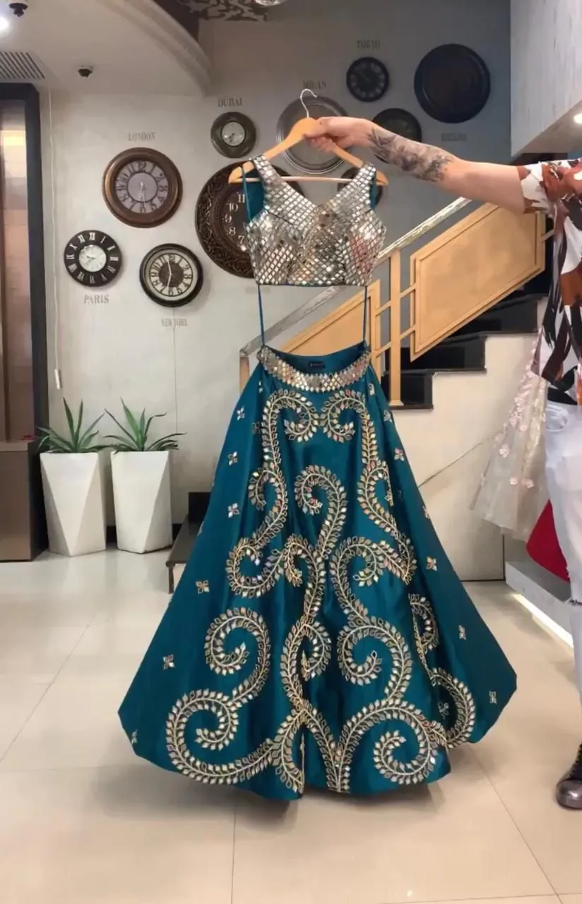 Cute Royalblue Taffeta Silk Embroidery Glass Mirror Lehenga Choli