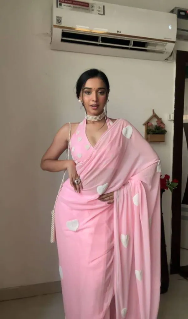 Dazzling Baby Pink Color Georgette With Hart Gmathi Work Saree