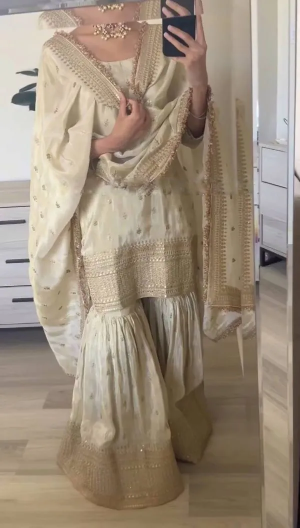 Dazzling Off White Chinnon Silk Embroidery Sequence Salwar Suit