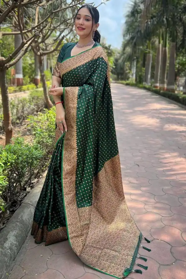 Dazzling Stone Green Color Soft Lichi Silk Beautiful Pallu Saree