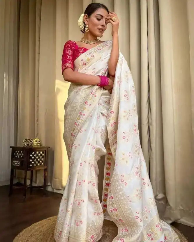 Dazzling White Soft Lichi Silk Cloth Rich Pallu All Over Saree - Image 4