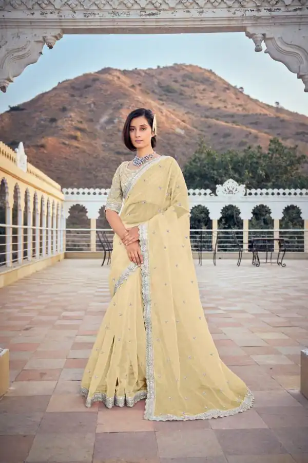 Dazzling Yellow Color Bright Organza Silk Sequence Work Saree