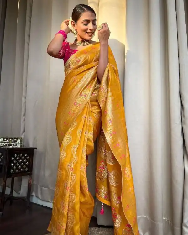 Dazzling Yellow Color Soft Lichi Silk Cloth Rich Pallu All Over Saree