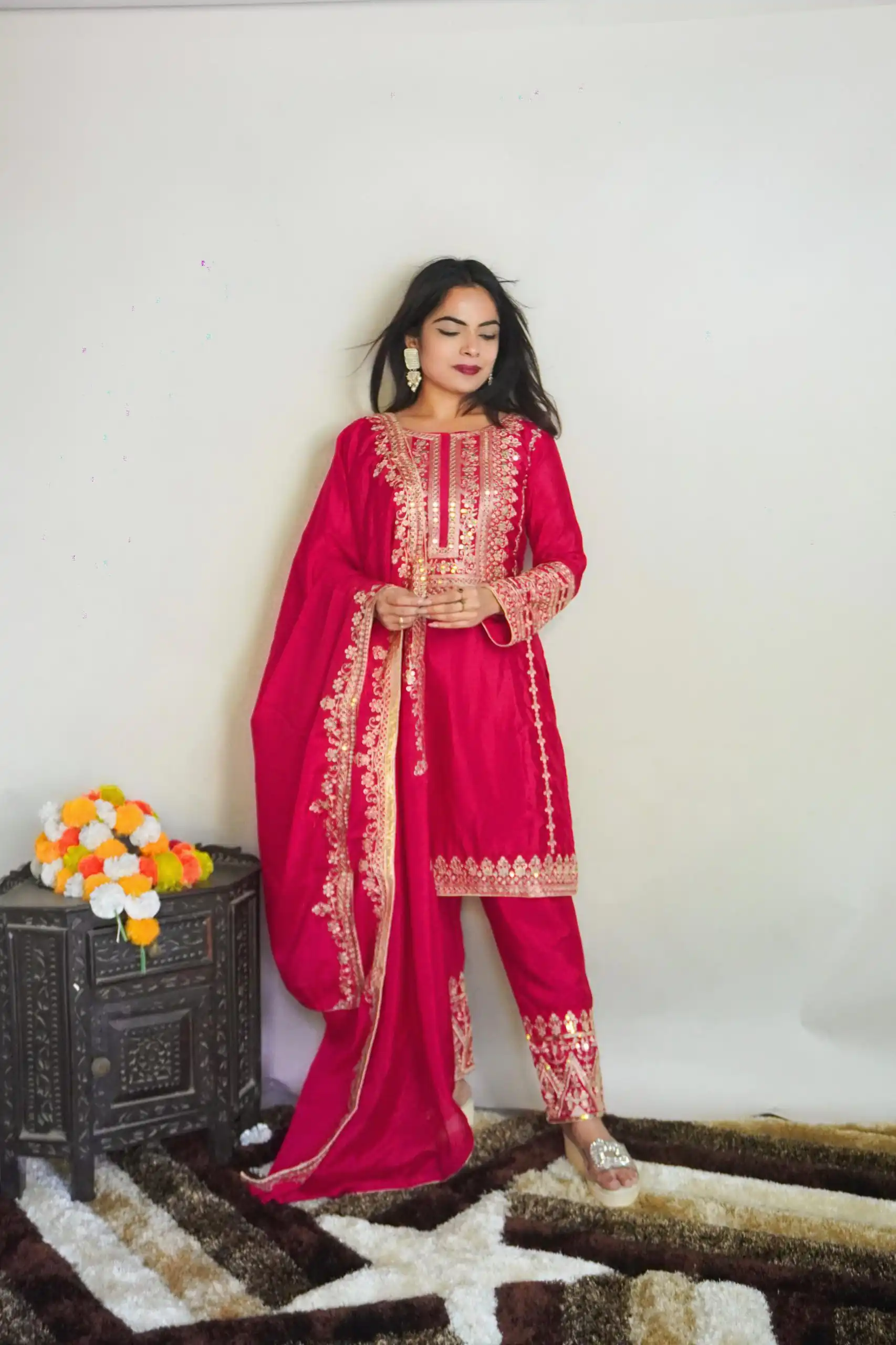 Elegant Pink Color Pure Chinnon Silk Embroidery Salwar Suit - Image 2