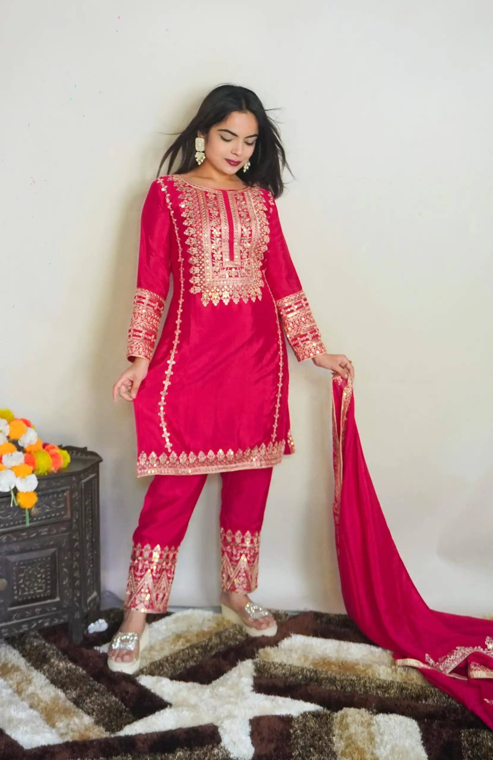 Elegant Pink Color Pure Chinnon Silk Embroidery Salwar Suit - Image 3