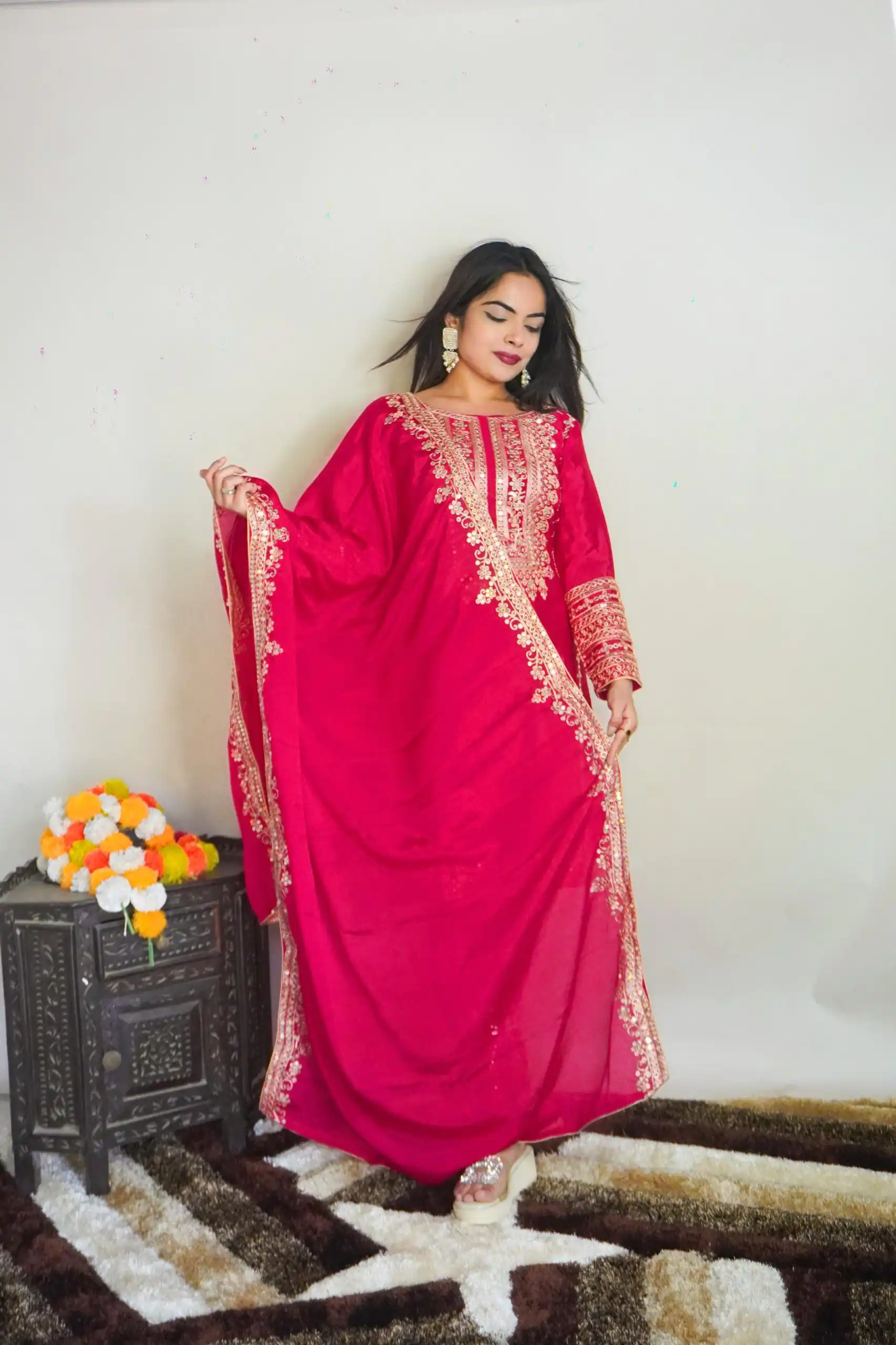 Elegant Pink Color Pure Chinnon Silk Embroidery Salwar Suit - Image 5