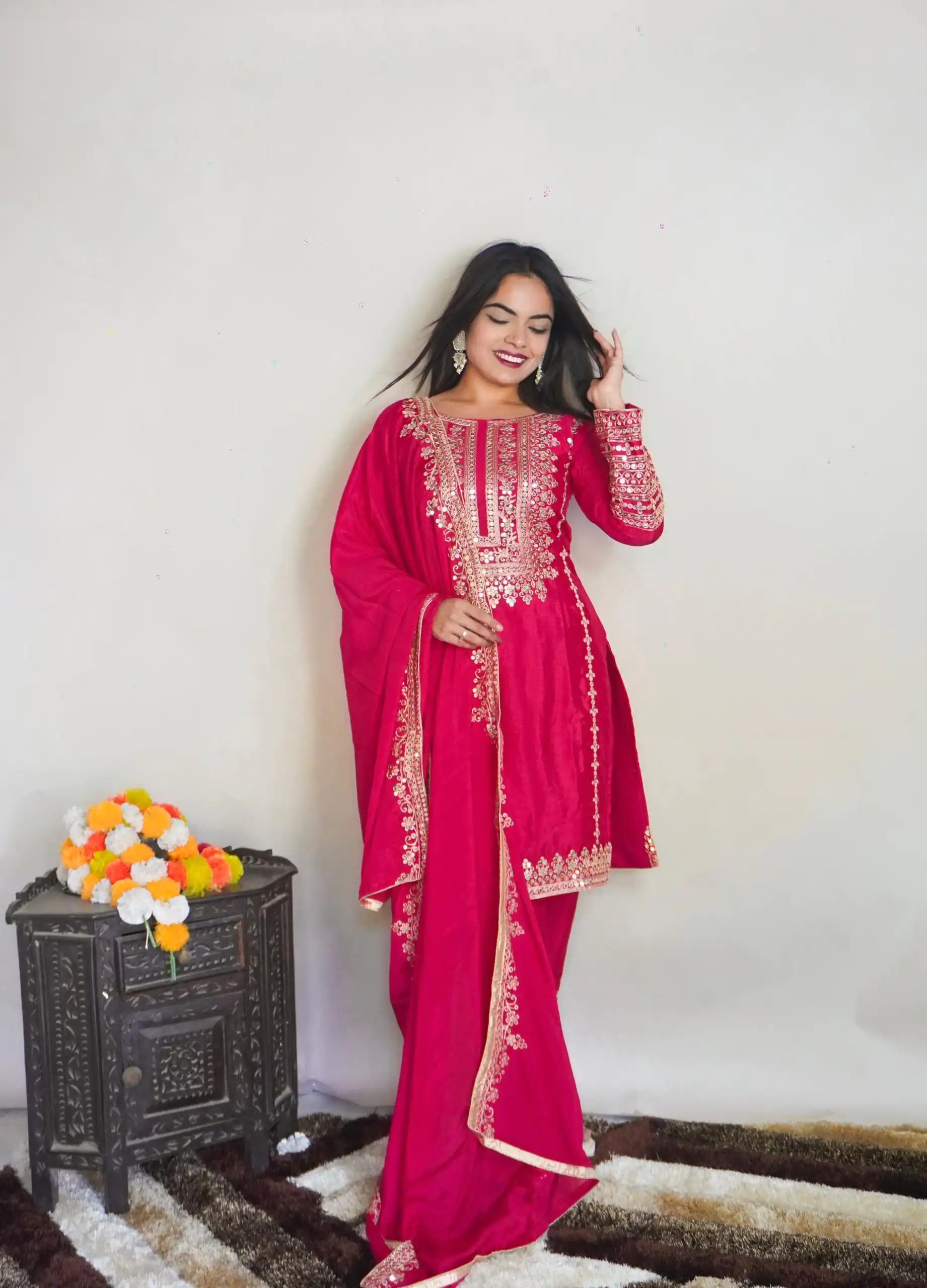 Elegant Pink Color Pure Chinnon Silk Embroidery Salwar Suit - Image 4