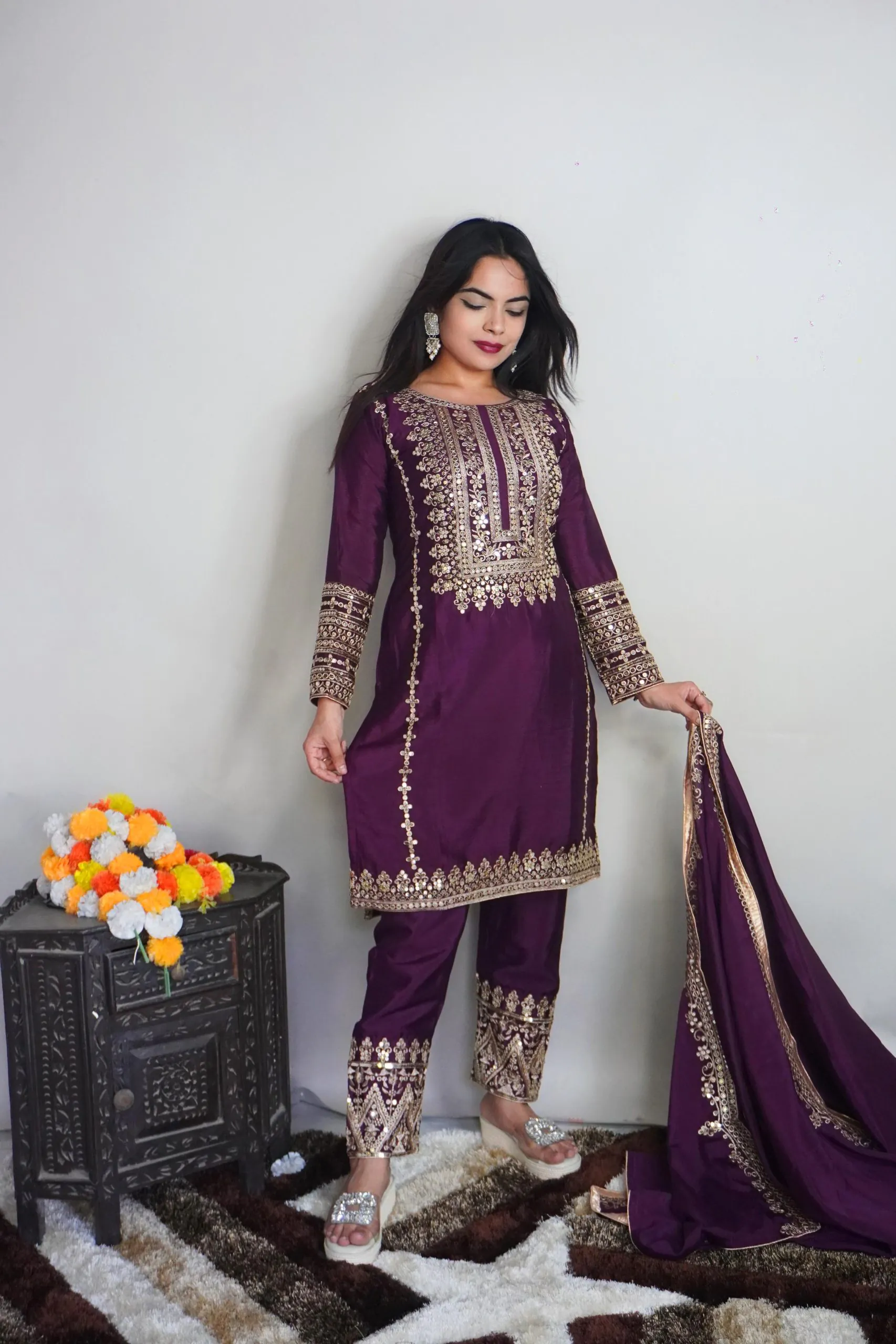 Elegant Purple Color Pure Chinnon Silk Embroidery Salwar Suit - Image 3
