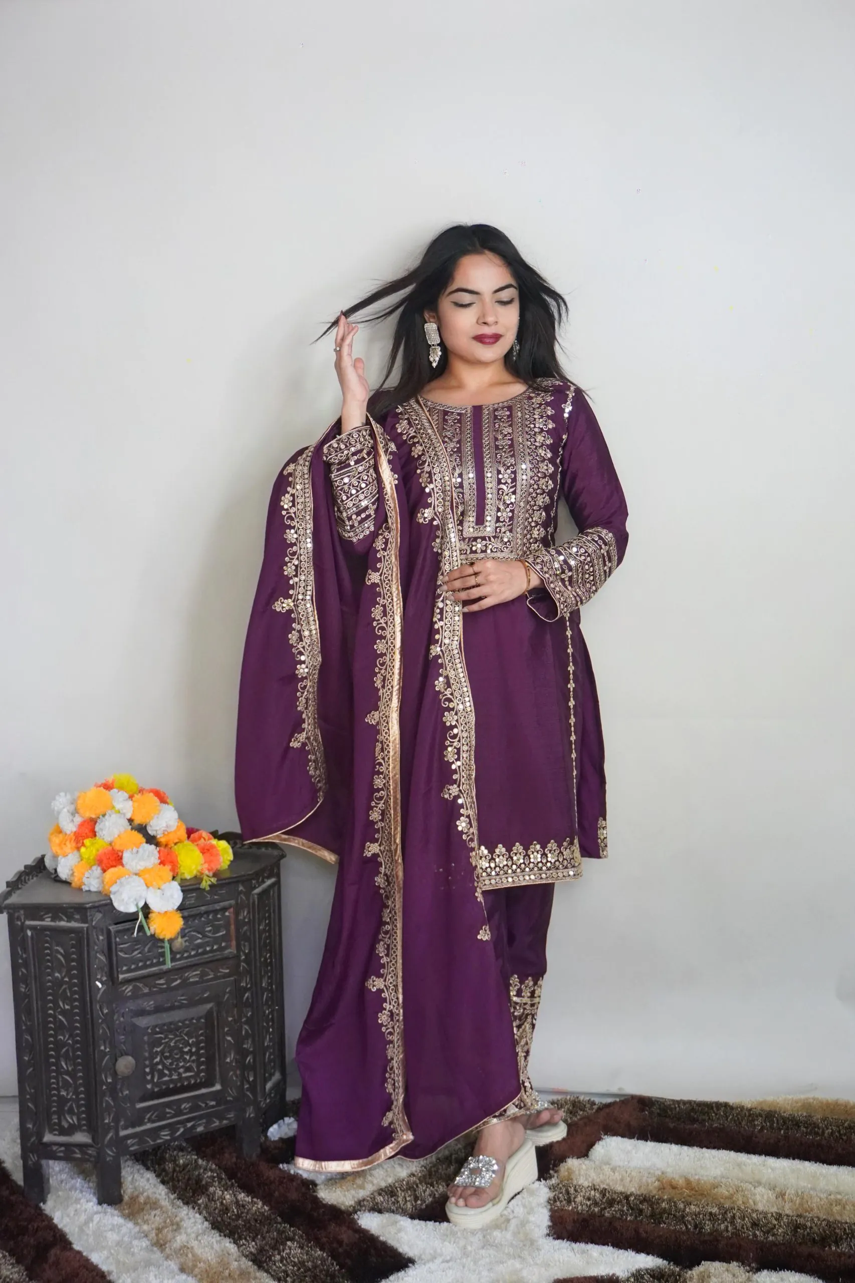 Elegant Purple Color Pure Chinnon Silk Embroidery Salwar Suit - Image 2