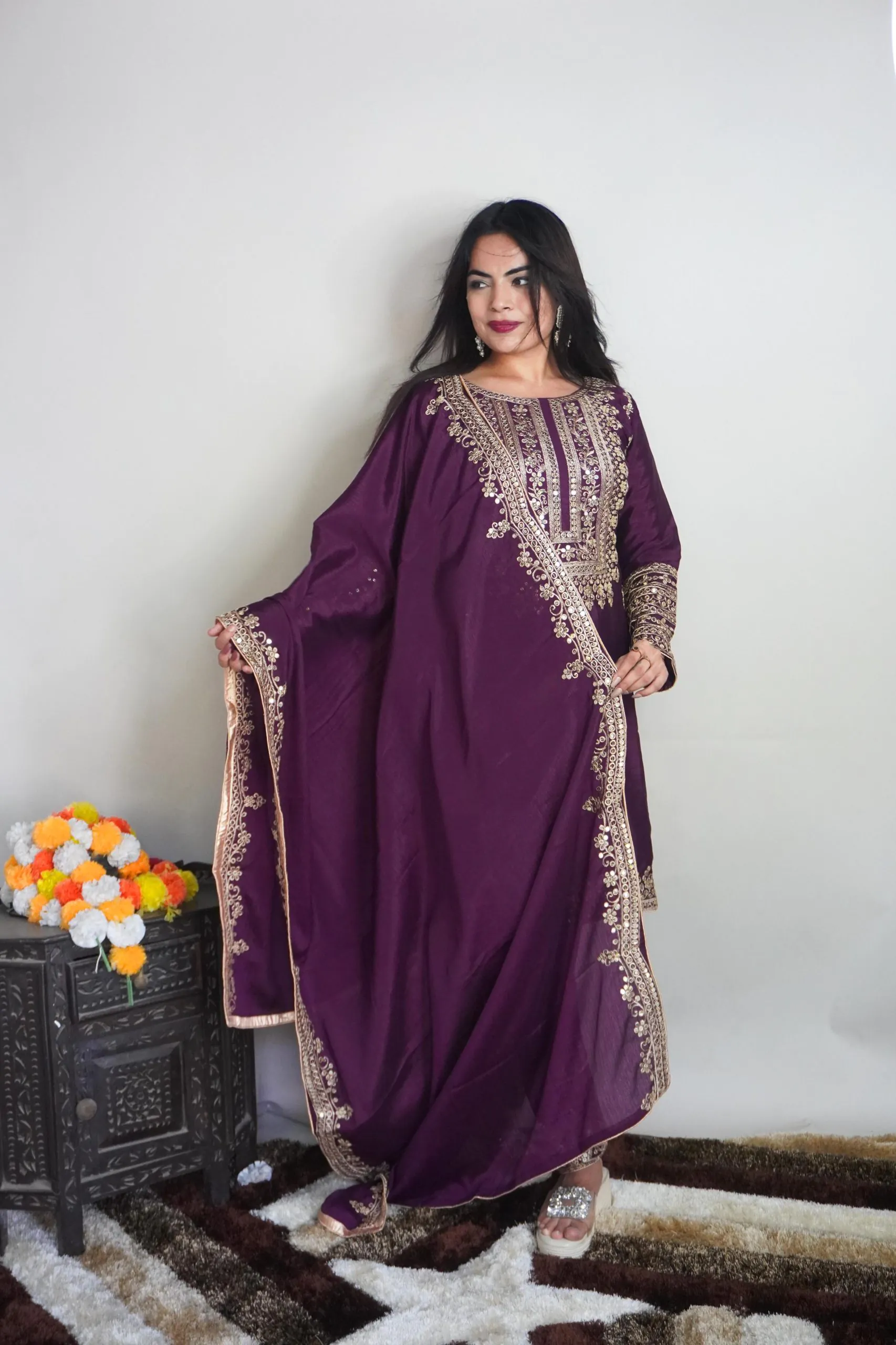 Elegant Purple Color Pure Chinnon Silk Embroidery Salwar Suit - Image 4