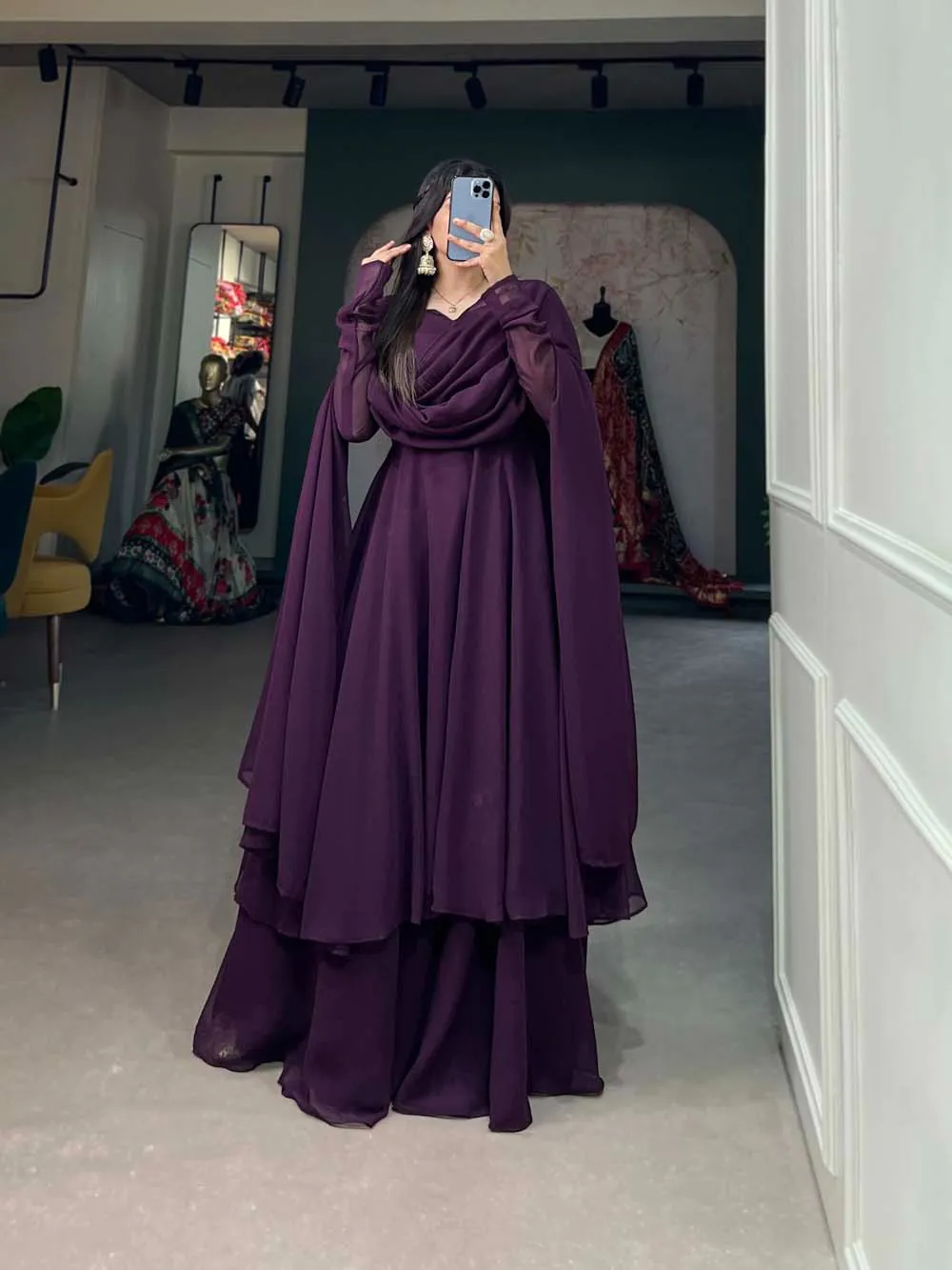 Elegant Wine Color Georgette Plain Top Plain Plaza And Dupatta - Image 2