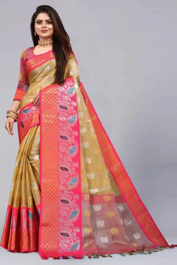 Fancy Golden Color Organic Tissue Silk Gold Zari Weaving Saree