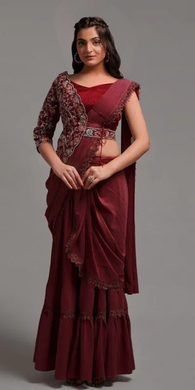 Fancy Maroon Color Diamond Georgette Free Size Stitching Saree