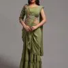 Fancy Mehndi Color Diamond Georgette Free Size Stitching Saree