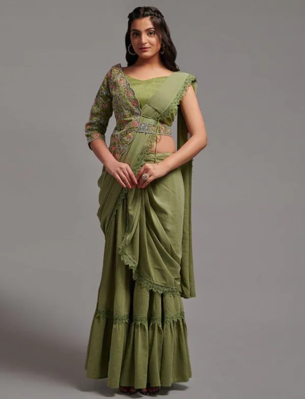 Fancy Mehndi Color Diamond Georgette Free Size Stitching Saree