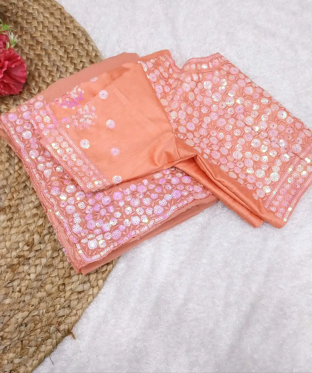Fancy Orange Color Pure Soft Tabby Organza Butta Work Saree - Image 3