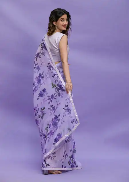 Fancy Violet Floral Digital Printed Georgette Lace Border Saree - Image 5