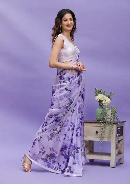 Fancy Violet Floral Digital Printed Georgette Lace Border Saree - Image 4