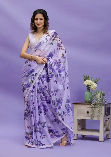 Fancy Violet Floral Digital Printed Georgette Lace Border Saree - Image 2