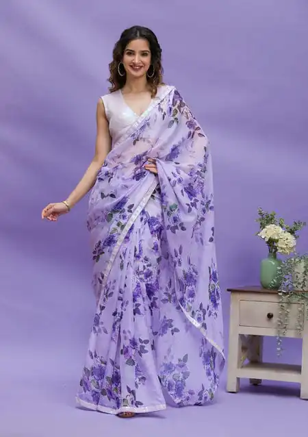Fancy Violet Floral Digital Printed Georgette Lace Border Saree