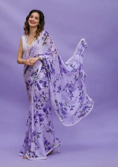 Fancy Violet Floral Digital Printed Georgette Lace Border Saree - Image 3
