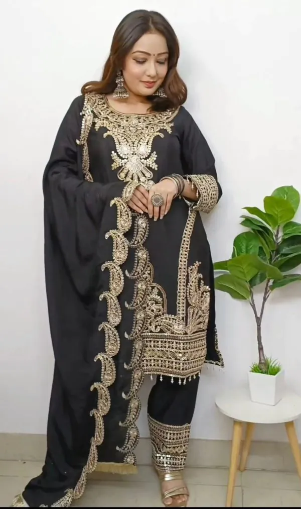 Fine Black Color Pure Chinnon Silk Embroidery Salwar Suit