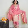 Fine Pink Color Pure Chinnon Silk Embroidery Salwar Suit