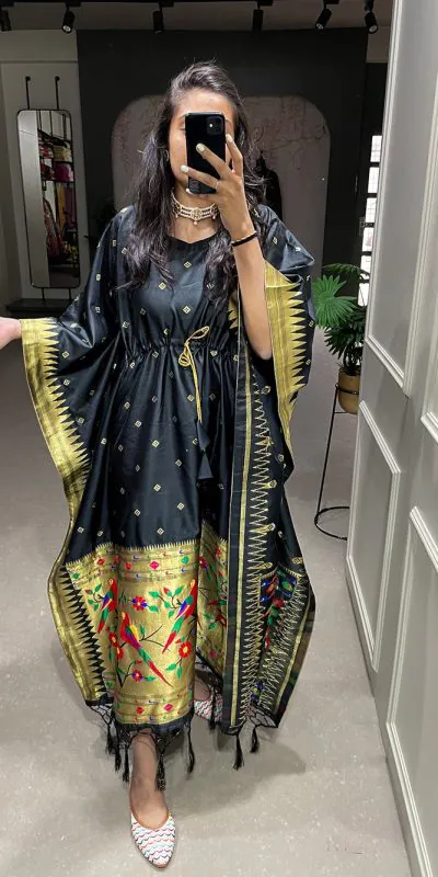 Glamorous Black Color Jacquard Zari Kaftan Lace Border Kurti
